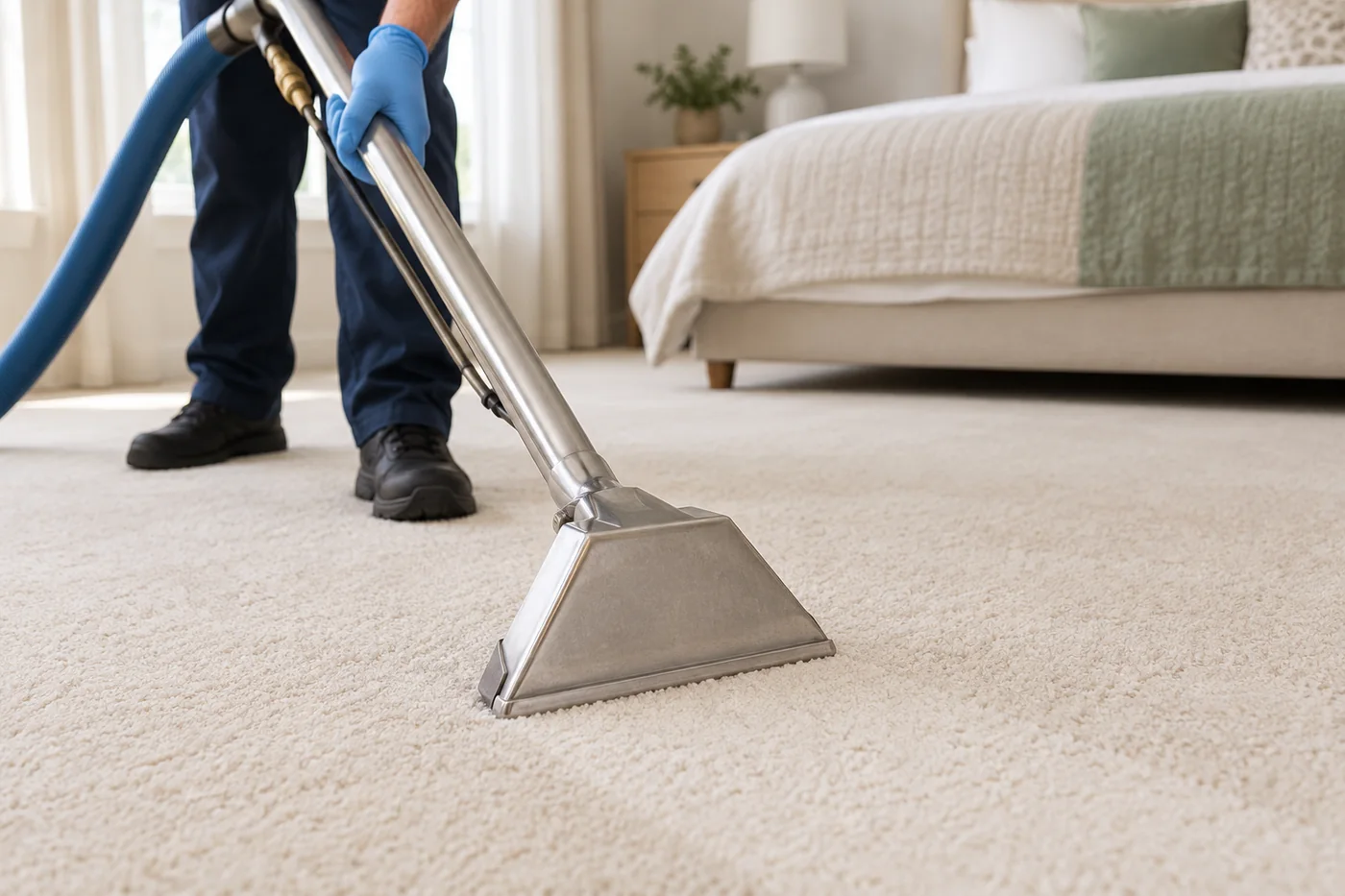 Blue-gloved hand guiding a metal extraction wand over cream bedroom carpet