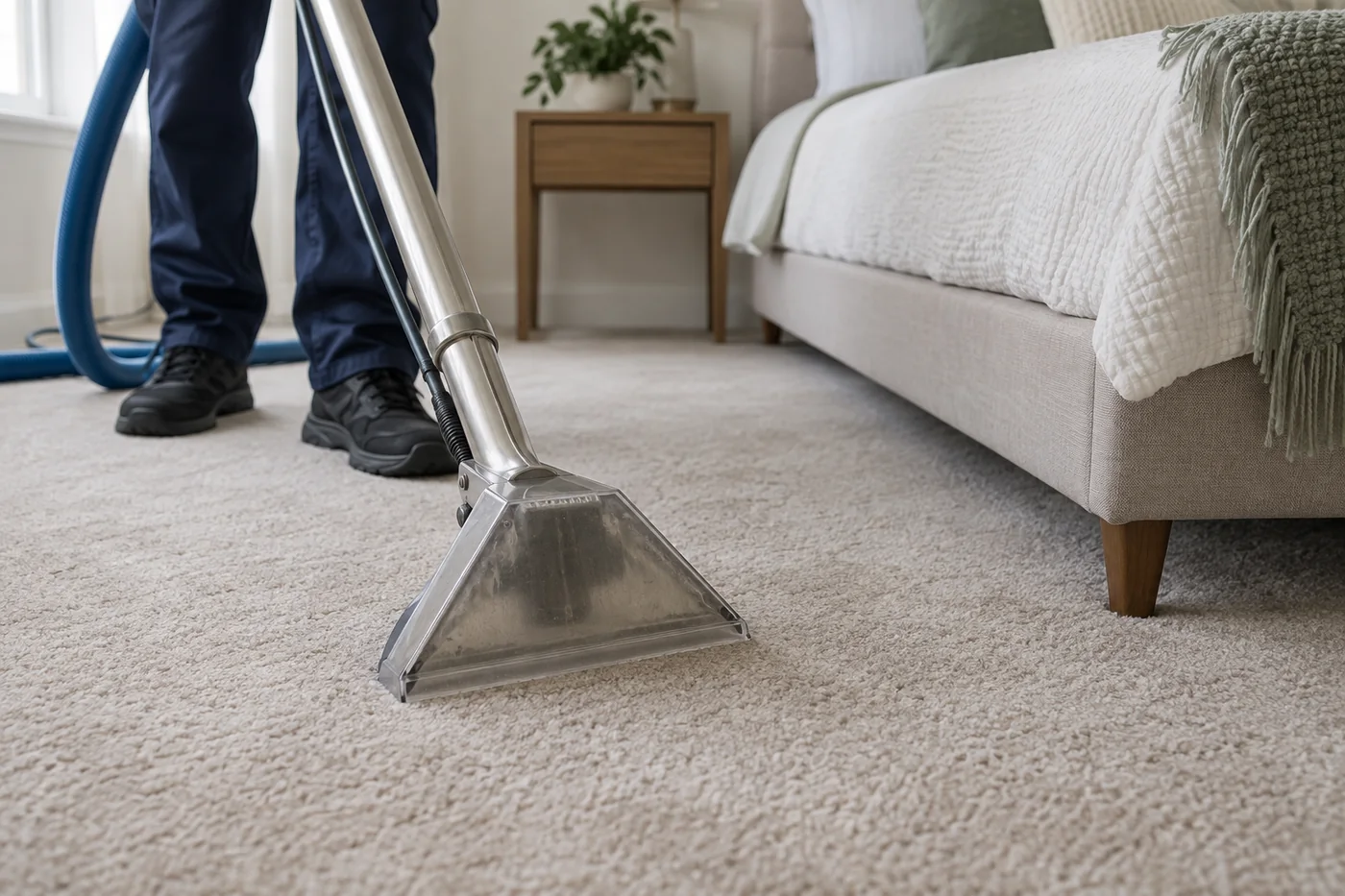 Carpet extraction wand resting flat on pale bedroom carpet beside a bed