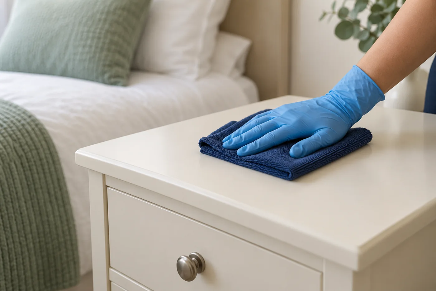 Blue-gloved hand wiping a cream bedside cabinet top with a navy cloth