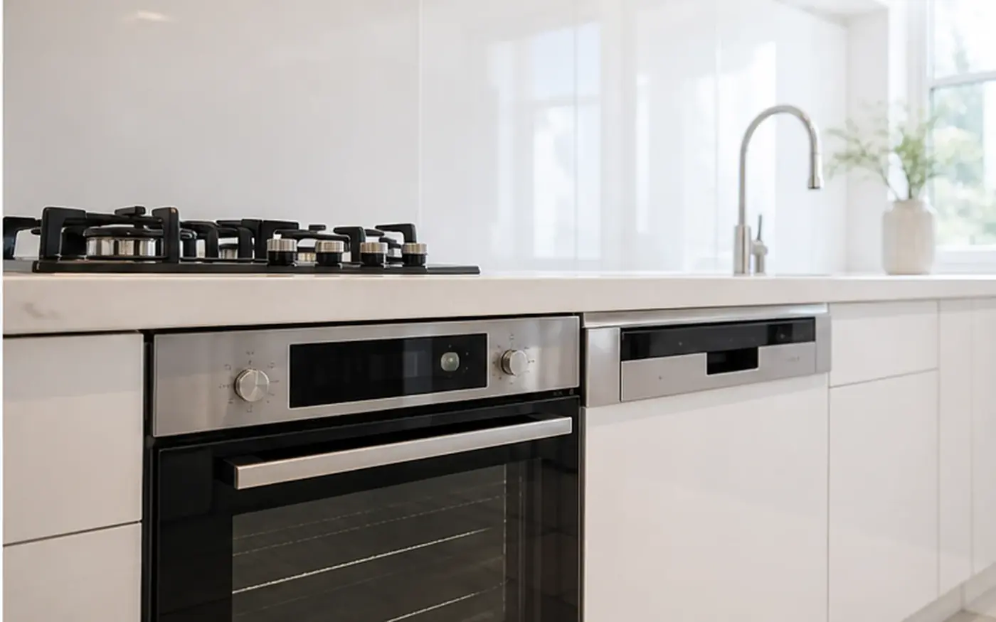 Built-in oven, gas hob and kitchen sink in a white kitchen
