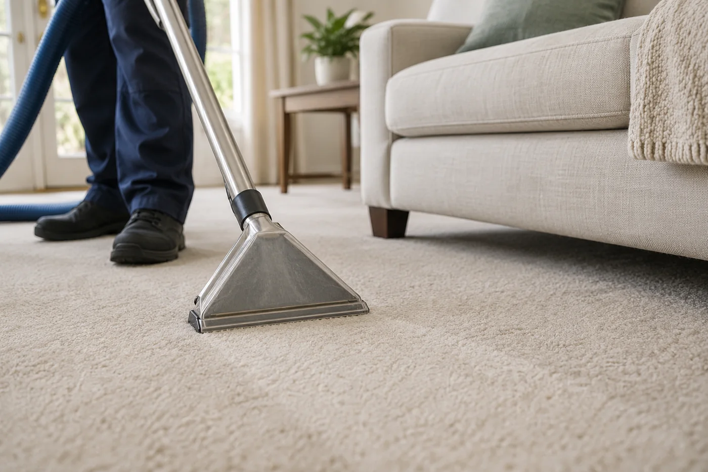 Carpet extraction wand contacting pale fitted carpet beside a stationary sofa