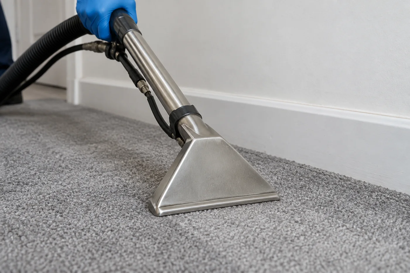 Metal carpet extraction wand head resting on grey fitted carpet beside a white skirting board