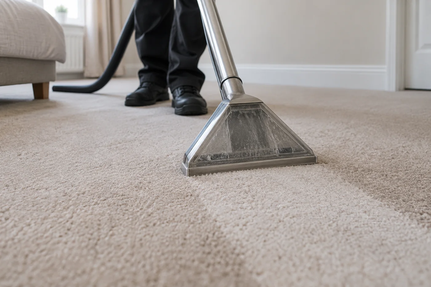 Carpet extraction wand cleaning beige bedroom carpet