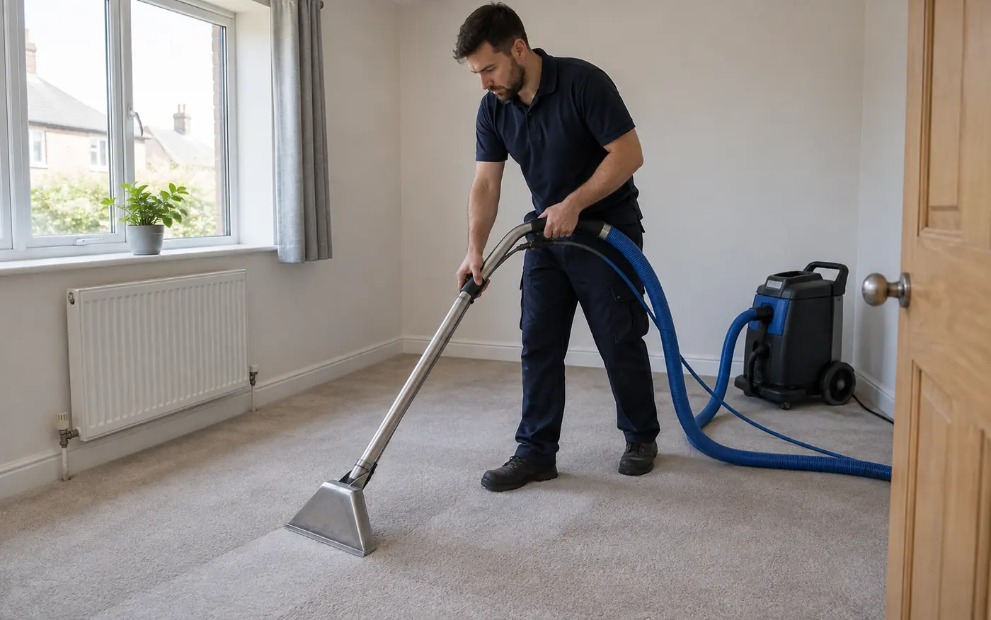 Cleaner using a carpet extraction wand in an empty bedroom