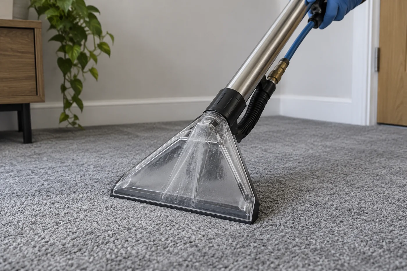 Transparent carpet extraction head resting on grey fitted carpet at a low oblique angle