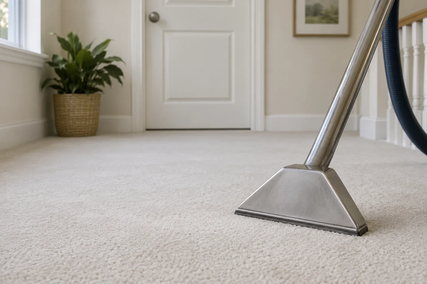 Carpet extraction wand resting flat on a pale carpeted landing