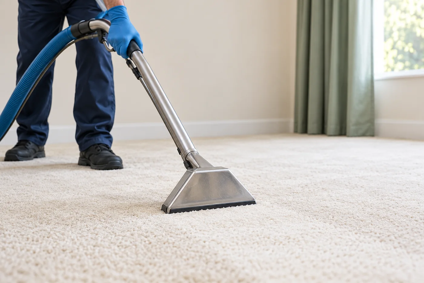 Blue-gloved hand guiding a metal extraction wand on cream room carpet