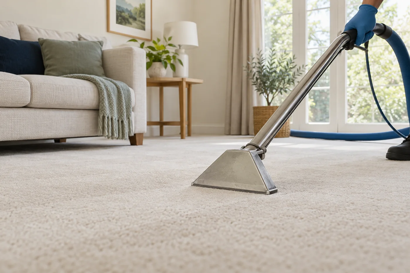 Blue-gloved hand holding an extraction wand against a cream room carpet