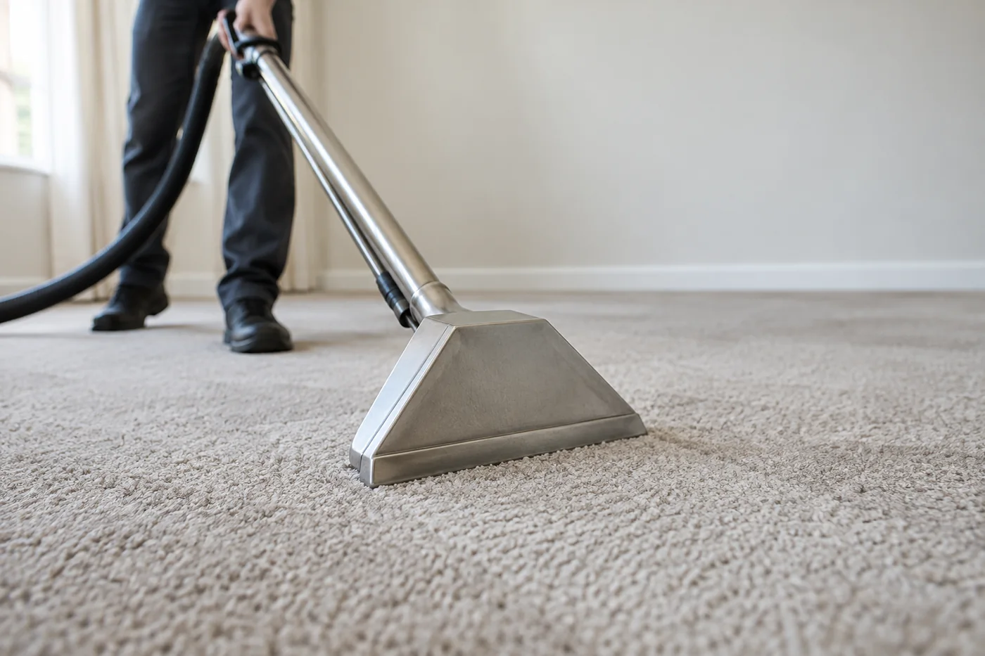Metal extraction wand head contacting light fitted carpet in an uncluttered room