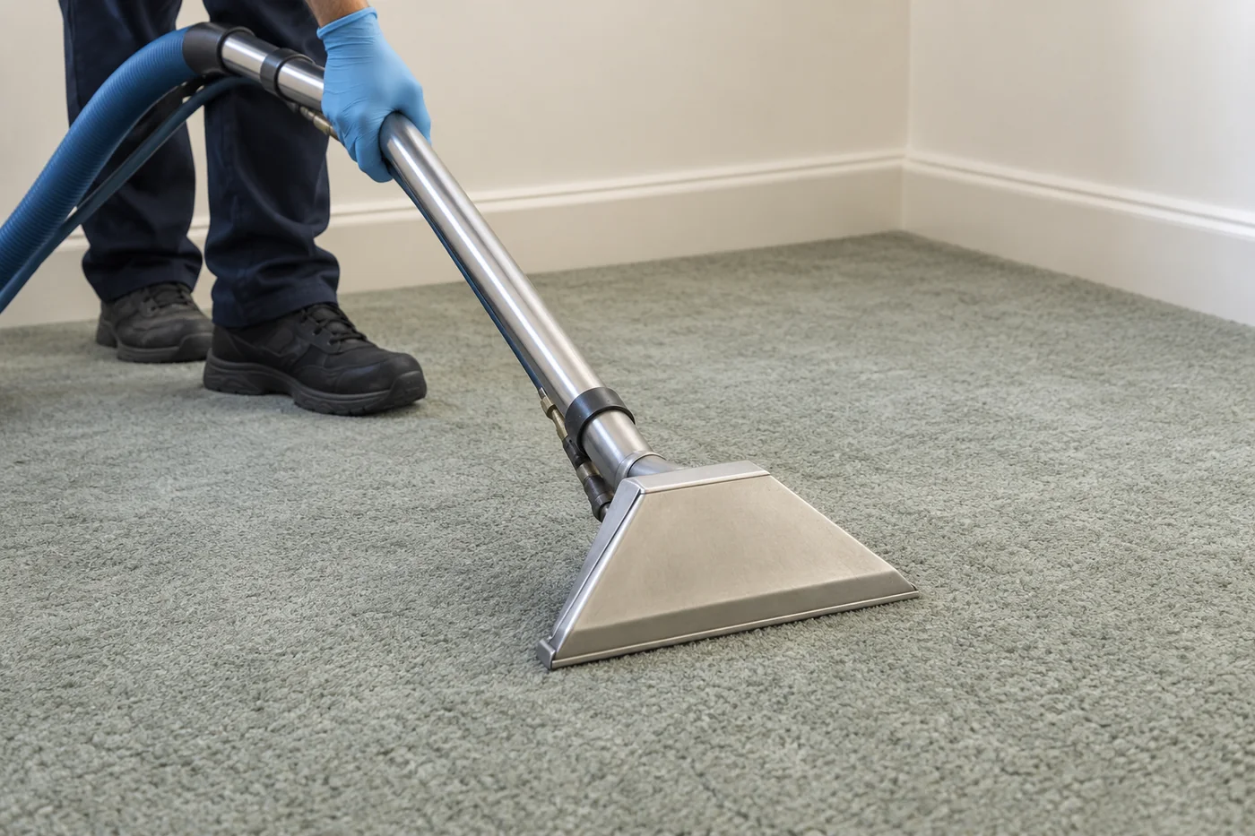 Blue-gloved hand guiding a metal extraction wand on sage-grey carpet beside a skirting corner