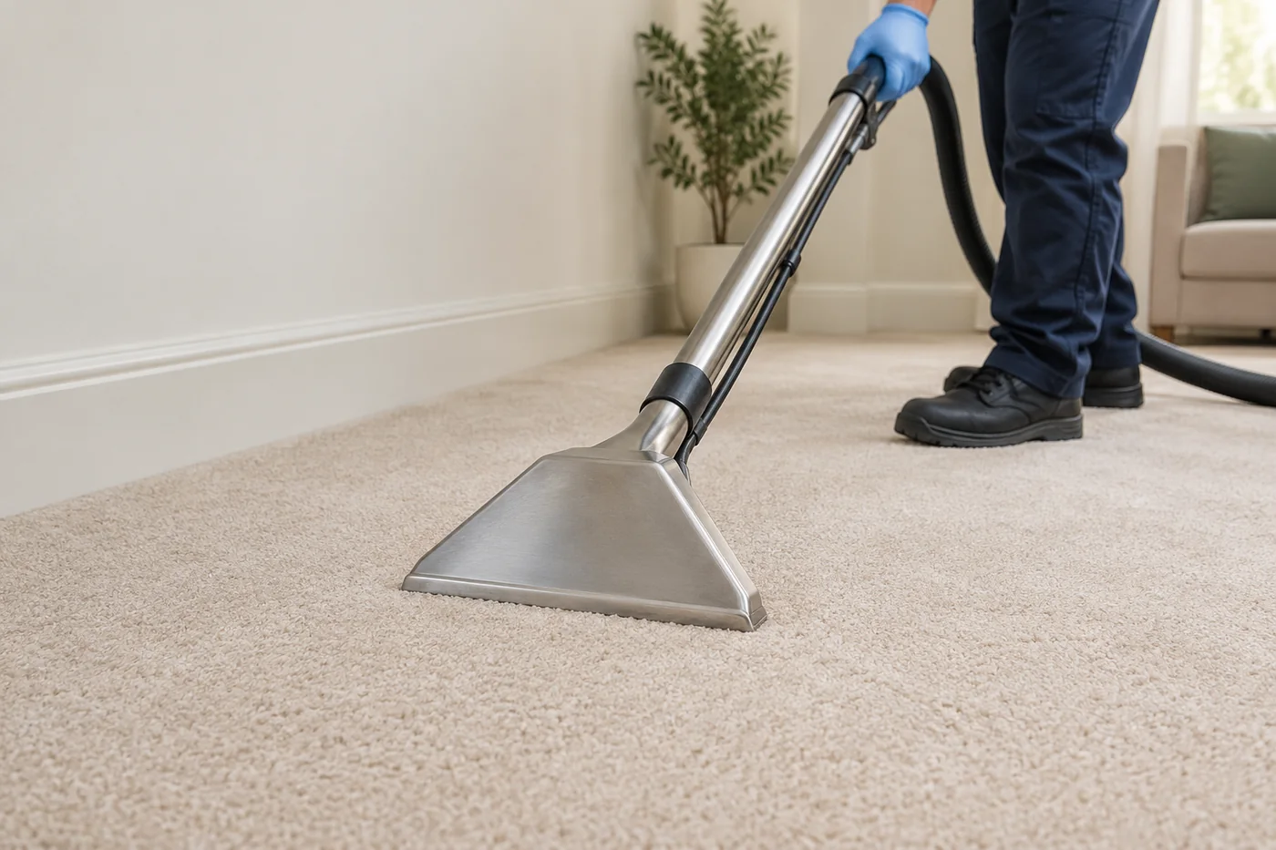 Blue-gloved hand guiding a metal extraction wand on cream carpet beside a skirting board