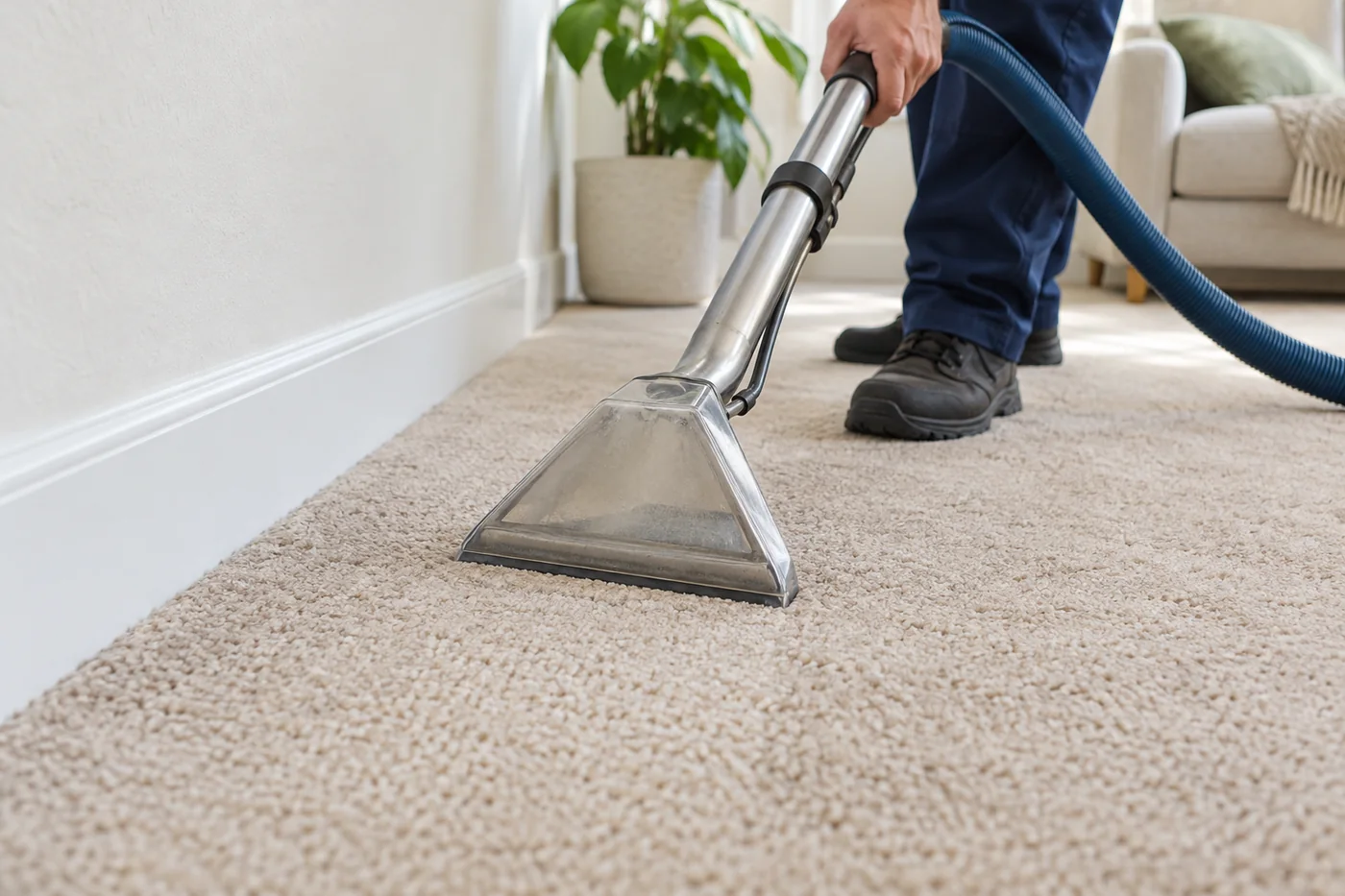 Carpet extraction wand contacting pale fitted carpet beside a white skirting board
