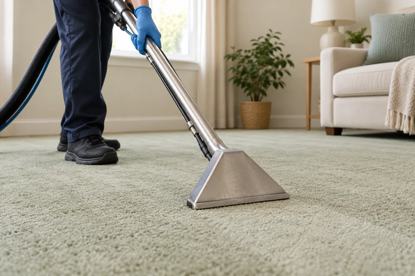 Blue-gloved hand guiding a metal carpet extraction wand across pale sage carpet