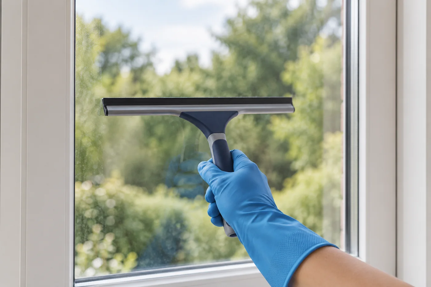 Blue-gloved hand holding a squeegee against a closed window pane