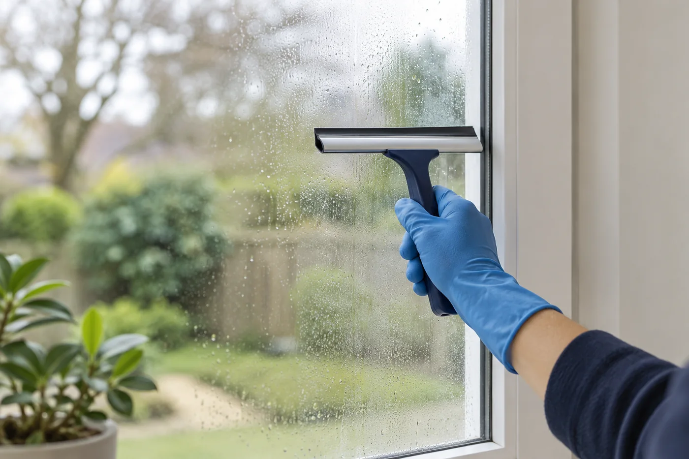 Blue-gloved hand holding a squeegee against the right side of a closed window pane