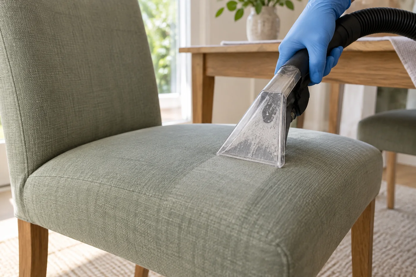 Upholstery extraction tool cleaning a sage fabric dining chair