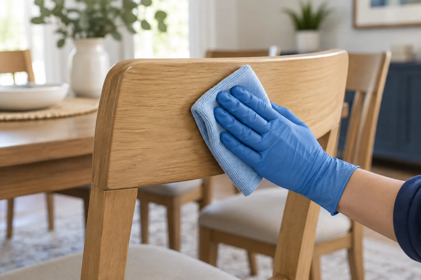 Blue-gloved hand wiping a light-finished wooden dining-chair back with a pale blue cloth