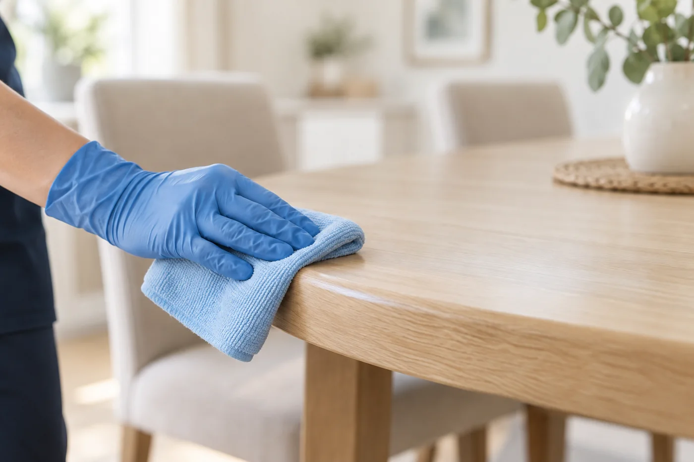 Blue-gloved hand wiping a rounded light-finished dining table edge with a pale blue cloth