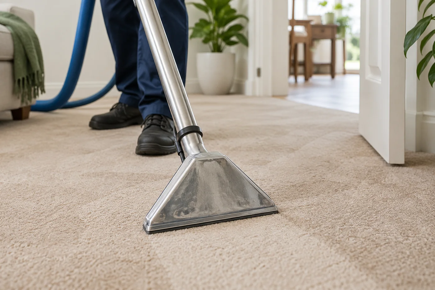 Carpet extraction wand resting against pale fitted carpet beside an open interior doorway