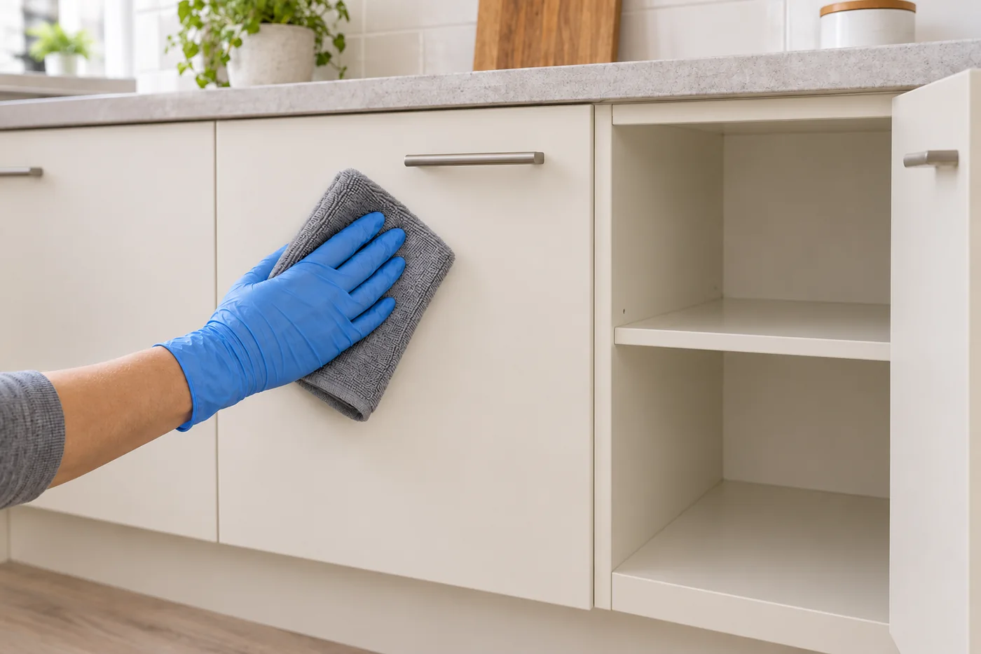 Gloved hand wiping an ivory cupboard front beside an open empty cabinet