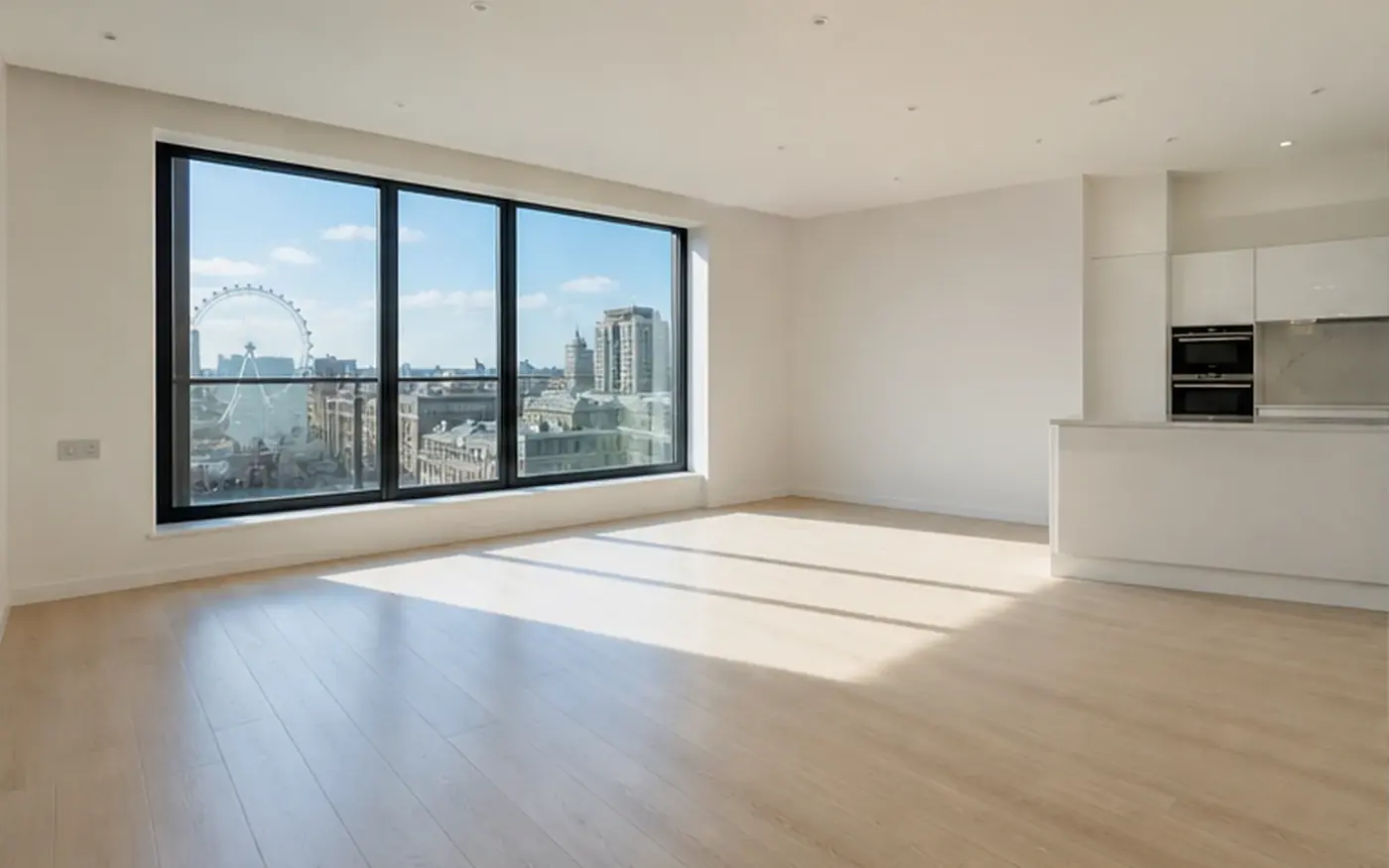 Empty open-plan room with a wooden floor, kitchen and large windows
