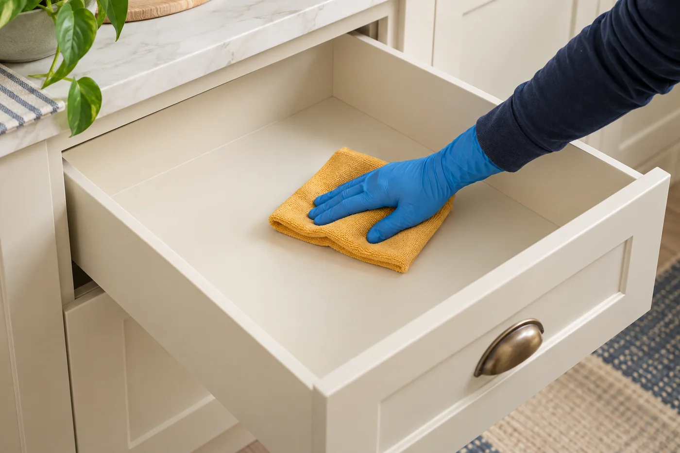 Blue-gloved hand wiping the base of an empty open kitchen drawer with a folded yellow cloth