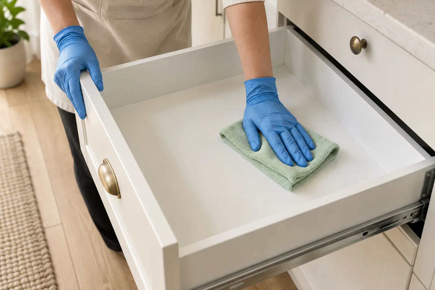 Blue gloved hands wiping inside an empty kitchen drawer