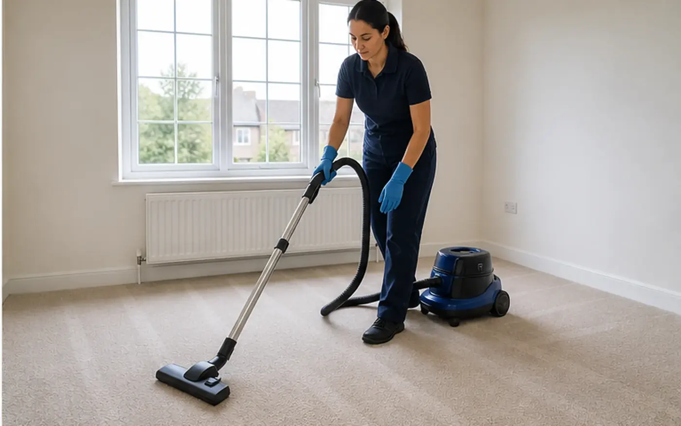 Cleaner vacuuming a carpet in an empty room