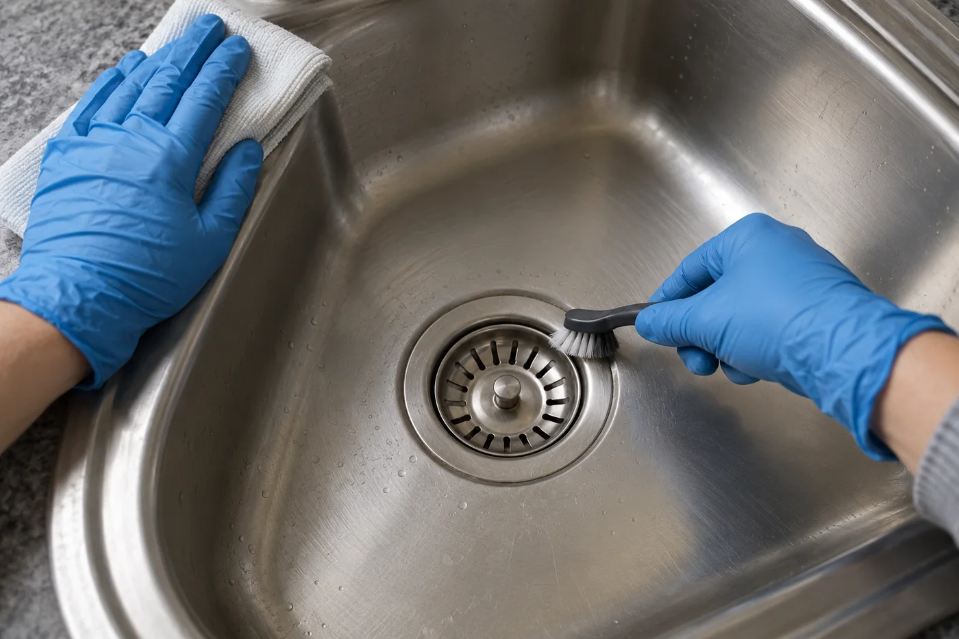 Gloved hand brushing the accessible rim of a stainless kitchen sink strainer