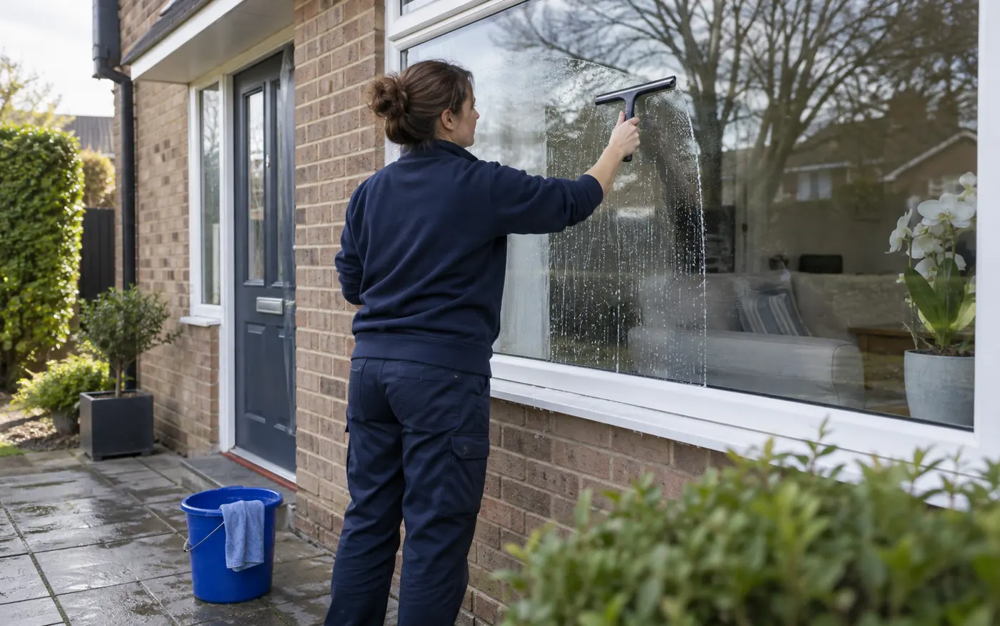 Cleaner using a squeegee on the outside of a ground floor window