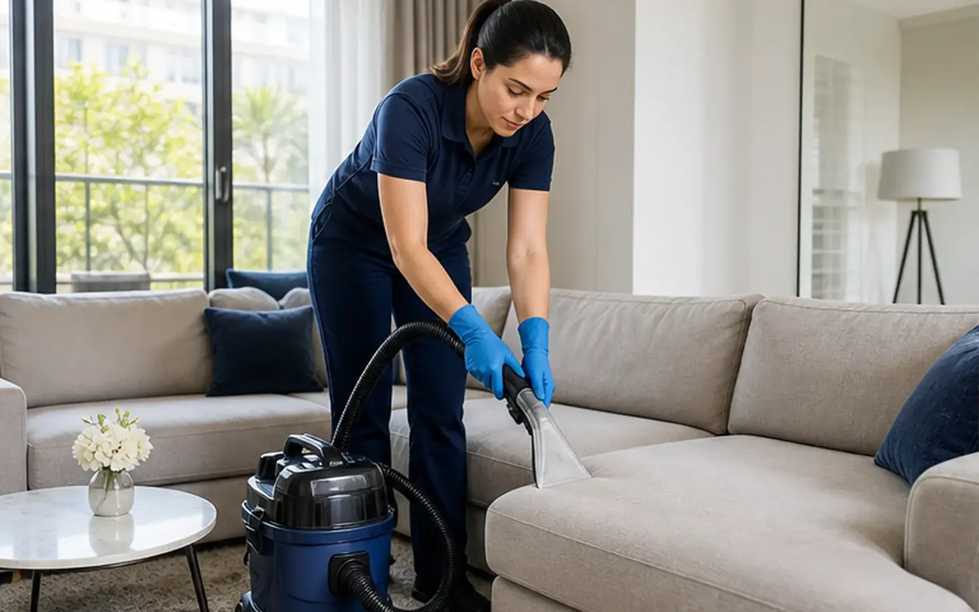 Cleaner using an extraction nozzle on a fabric sofa