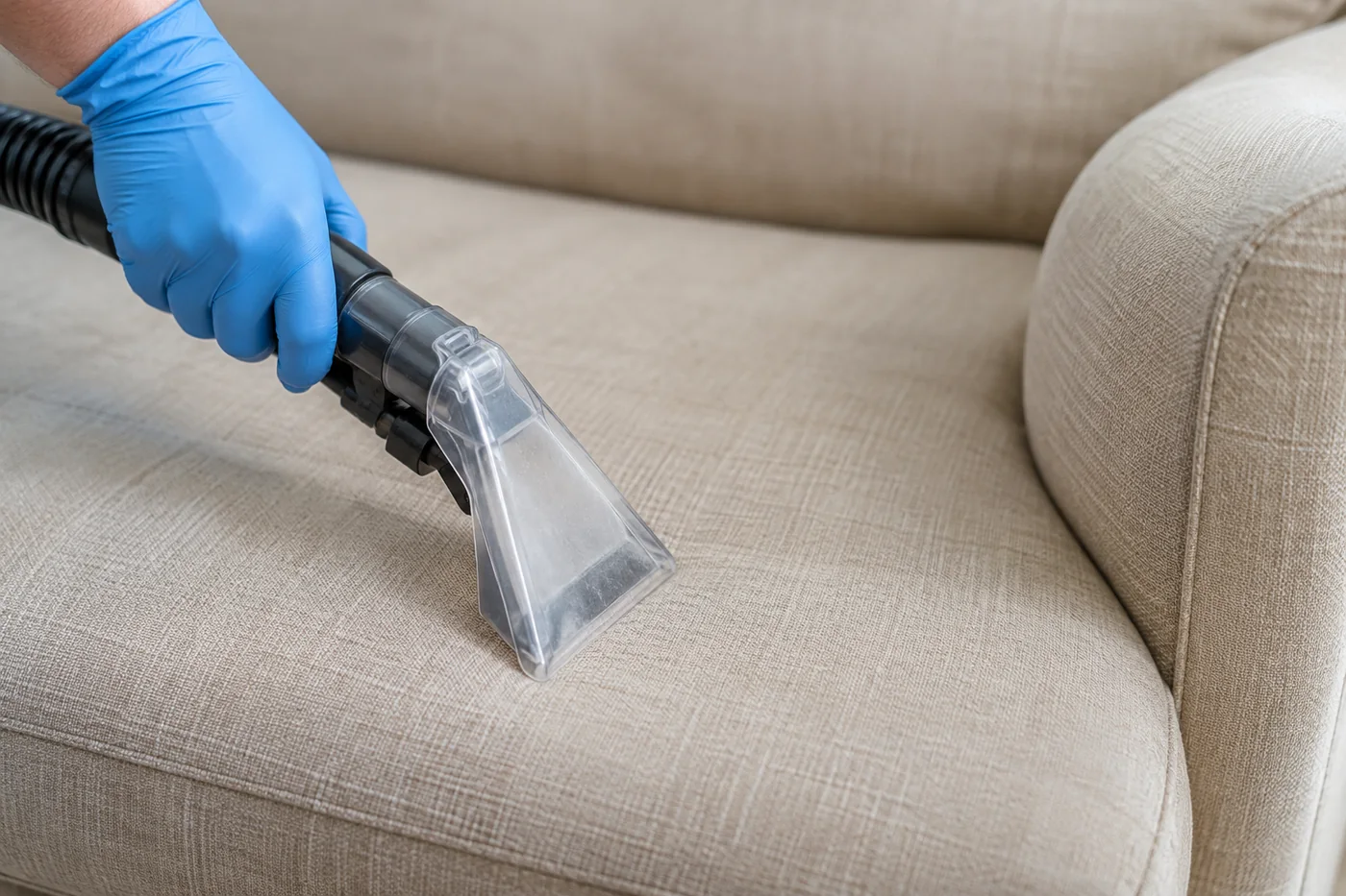 Blue-gloved hand holding an upholstery tool against a plain fabric sofa seat