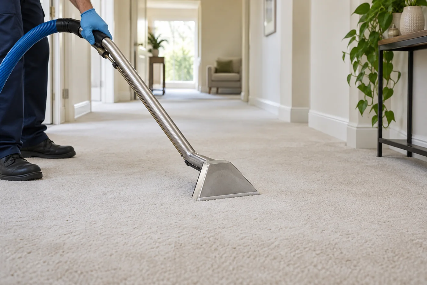 Blue-gloved hand holding an extraction wand against pale hallway carpet
