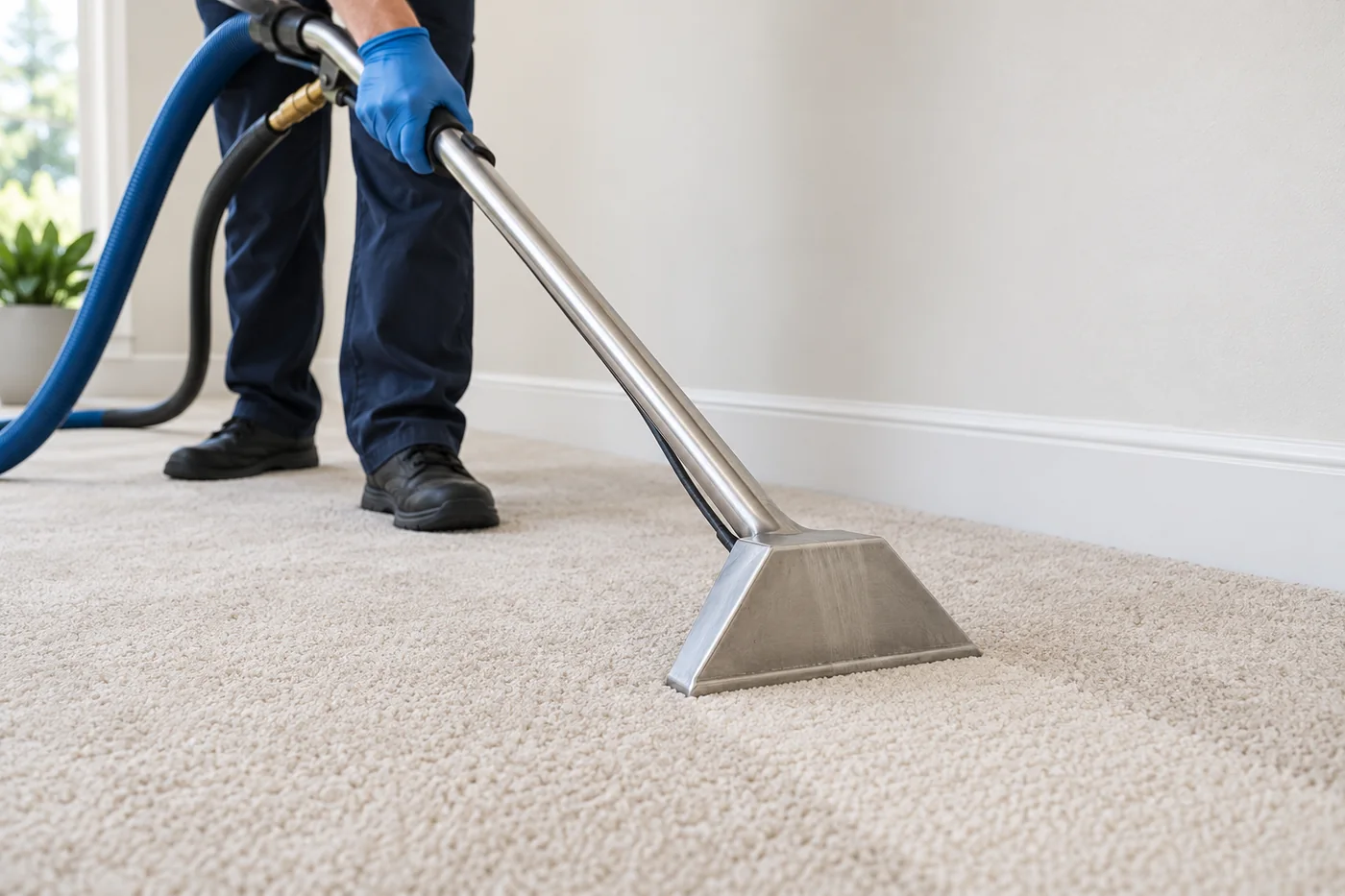 Blue-gloved hand guiding a metal extraction wand on cream carpet beside a plain wall