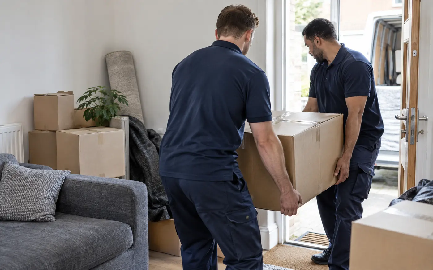 Two movers carrying a packed cardboard box towards an open van