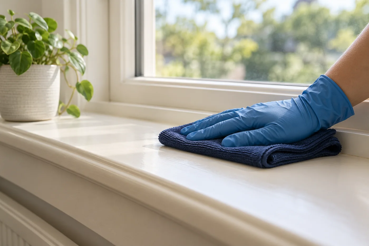 Blue-gloved hand wiping the top of a cream indoor window ledge with a navy cloth