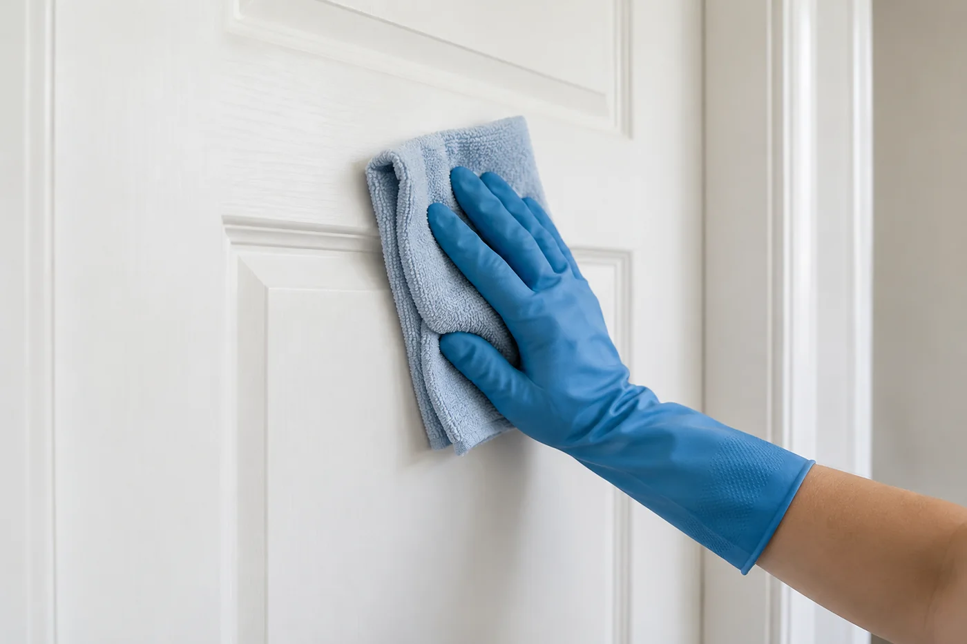 Blue-gloved hand holding a pale blue cloth against a white panelled interior door