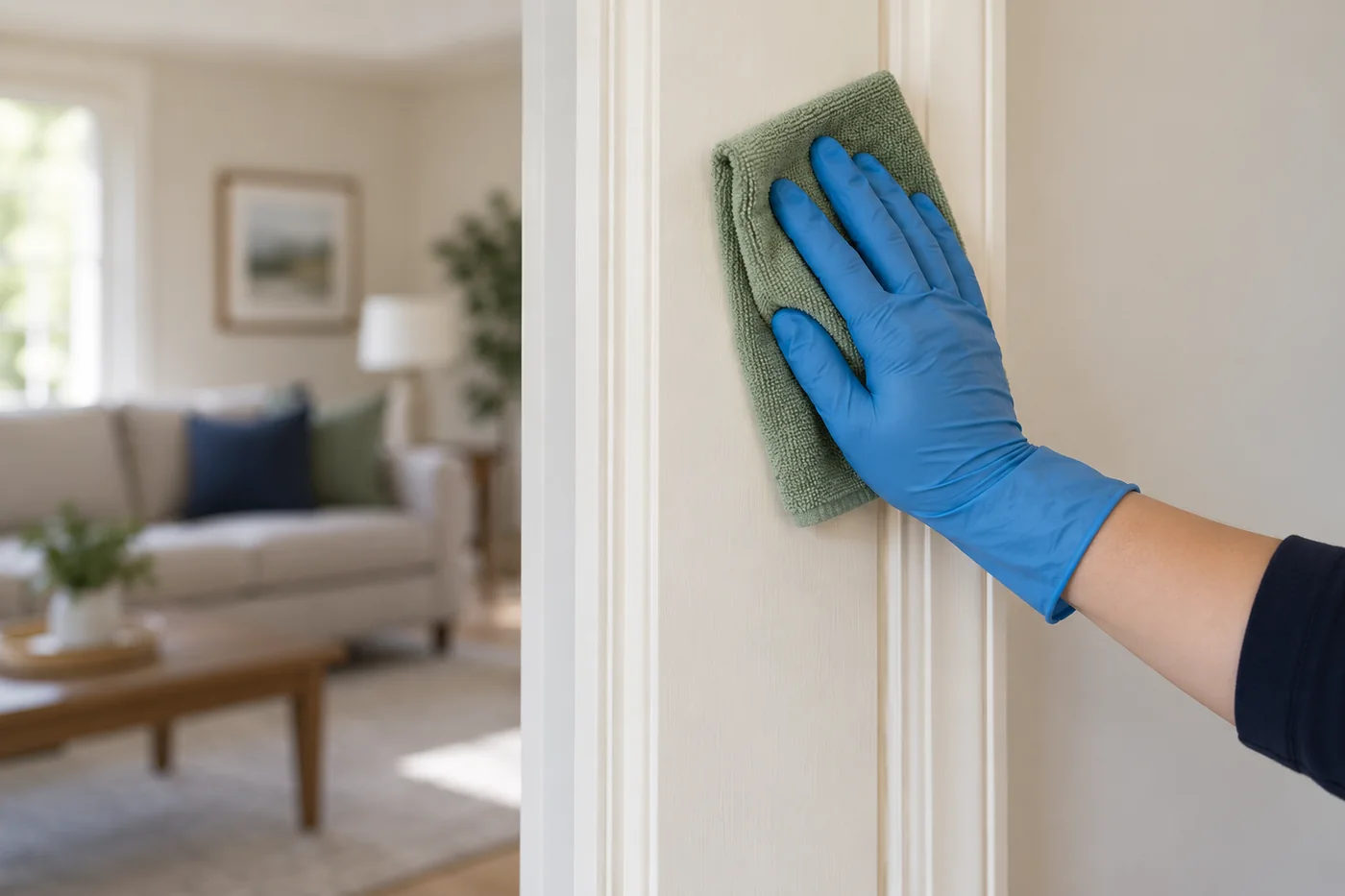 Blue-gloved hand wiping a cream interior door frame with a sage cloth