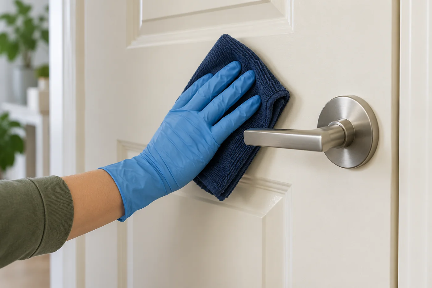 Blue-gloved hand wiping a cream door face beside a fitted lever handle with a navy cloth