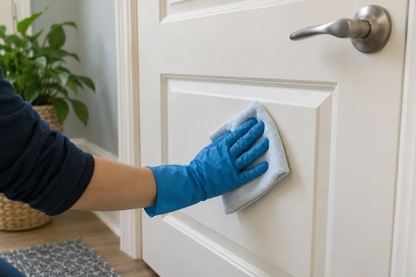 Blue-gloved hand wiping the lower panel of a white interior door with a folded pale cloth