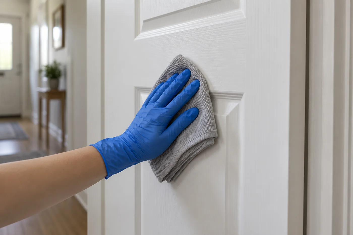 Blue-gloved hand holding a grey cloth against the face of a white panelled interior door