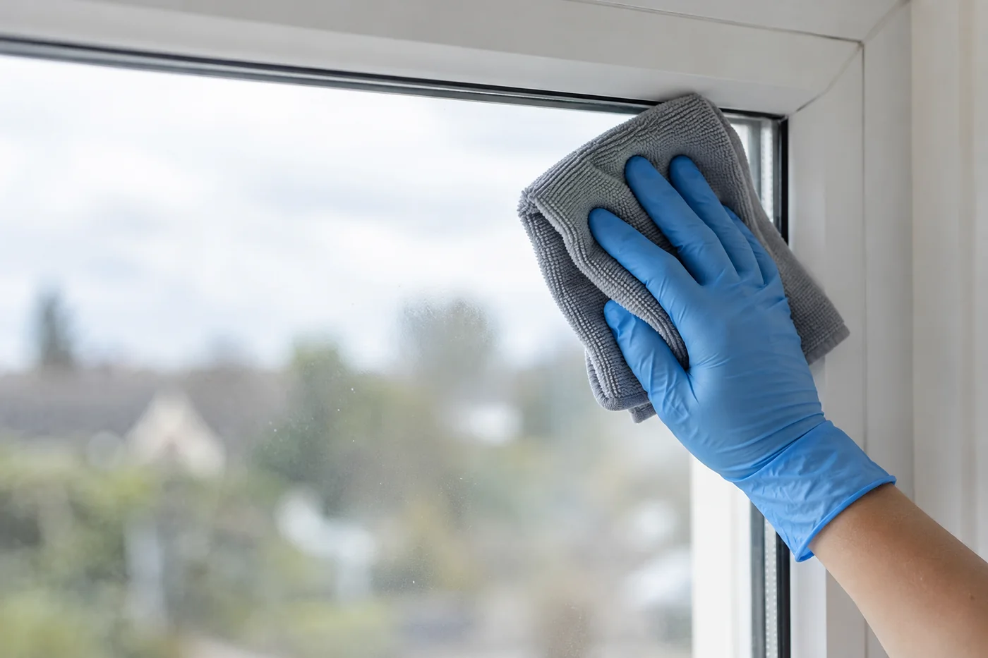 Blue-gloved hand holding a folded cloth against the inside corner of a window pane
