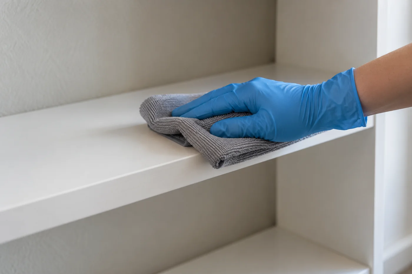 Blue-gloved hand wiping an empty low household shelf with a grey cloth