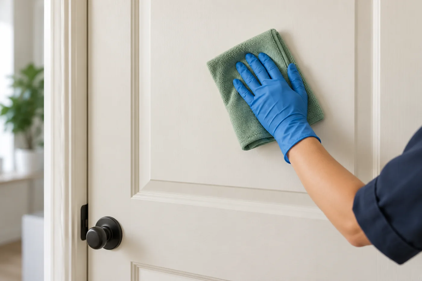 Blue-gloved hand wiping a cream interior door panel with a sage cloth
