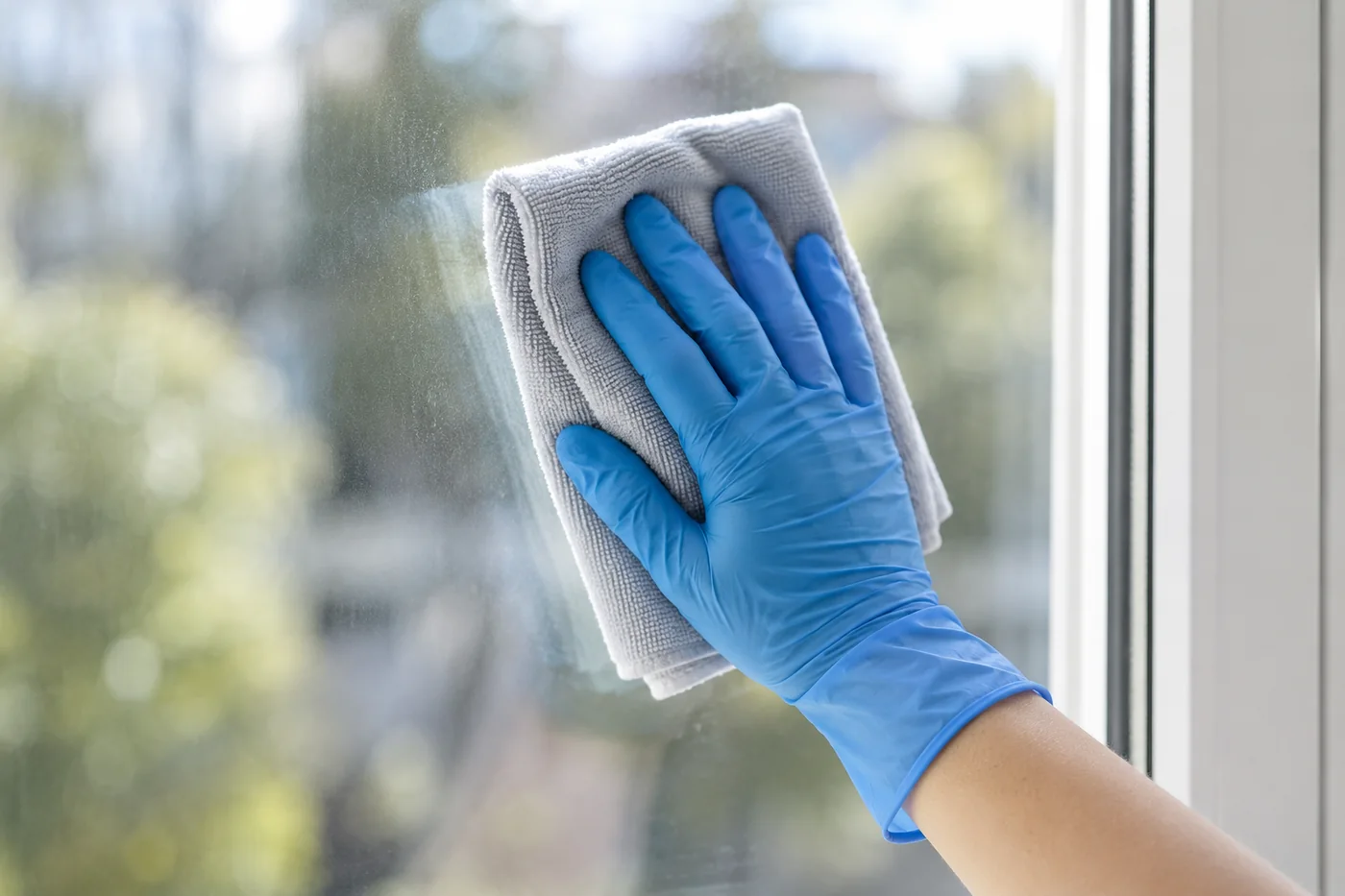 Blue-gloved hand pressing a grey cloth against the inside of a window pane