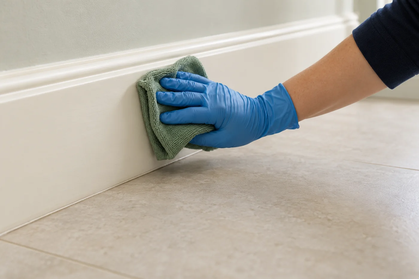 Blue-gloved hand wiping a cream skirting board with a sage cloth