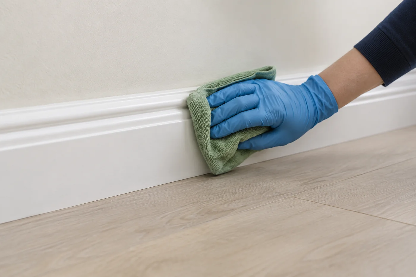 Blue-gloved hand wiping a white skirting board with a green cloth