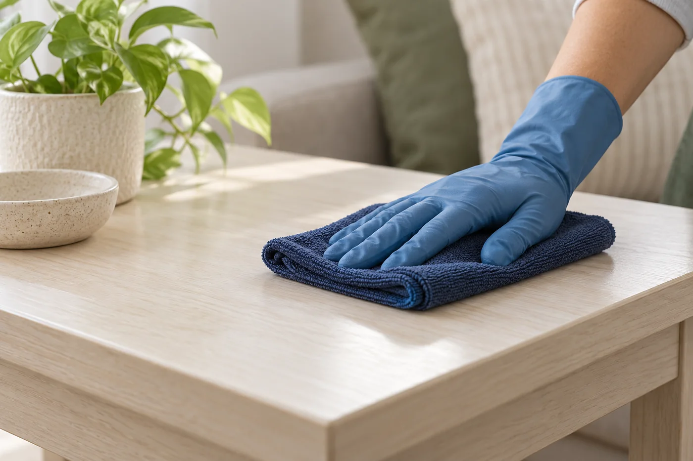 Blue-gloved hand wiping a pale wooden furniture top with a navy cloth