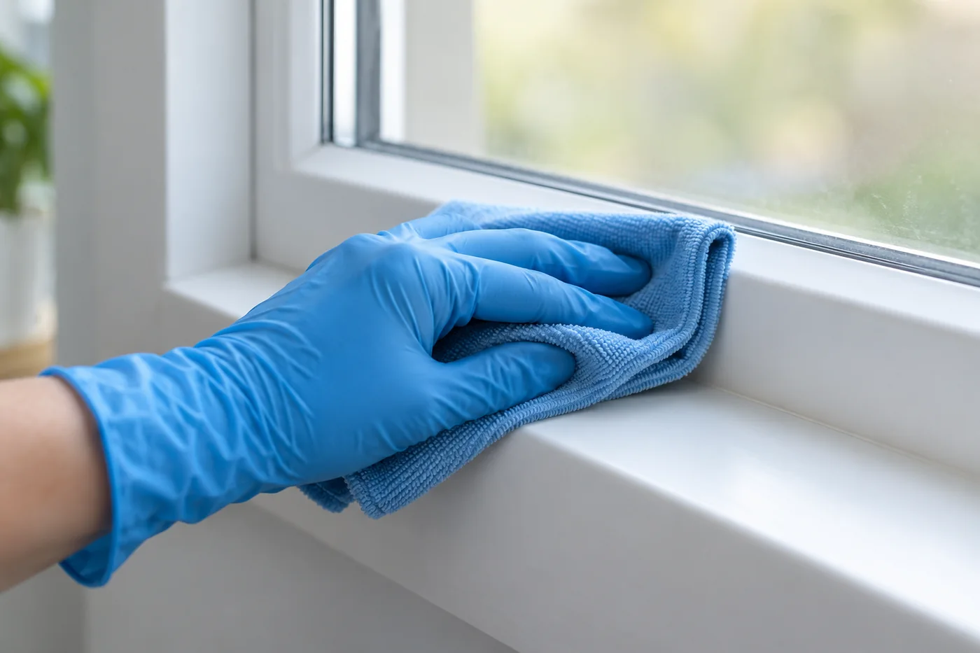 Blue-gloved hand holding a blue cloth against a lower interior window frame