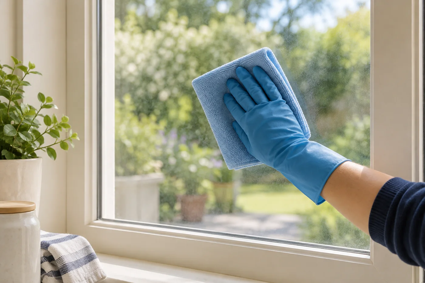 Blue-gloved hand wiping an interior window pane with a folded blue cloth
